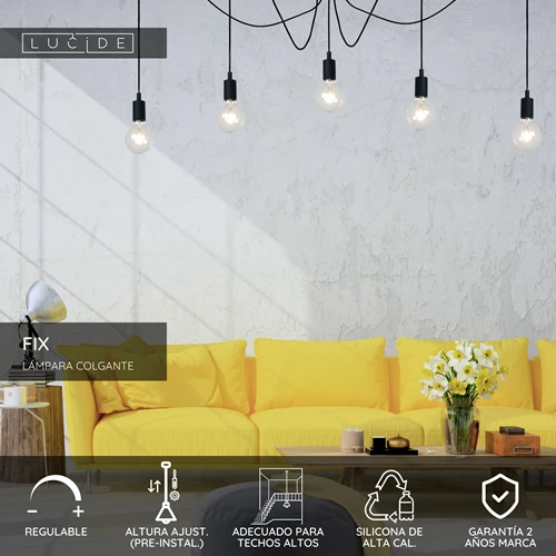 Lucide FIX - Lámpara colgante - 5xE27 - Adecuado para dobles alturas y techos altos - Negro - USP